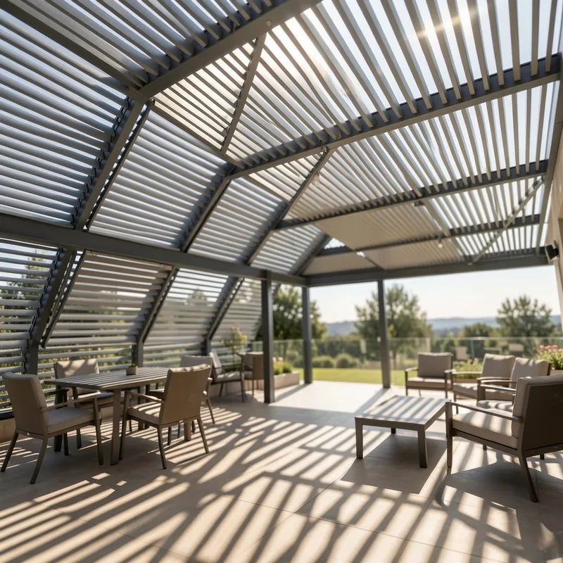 Pergola bioclimatique 4x3 en aluminium anthracite adossee a une maison, lames entrouvertes