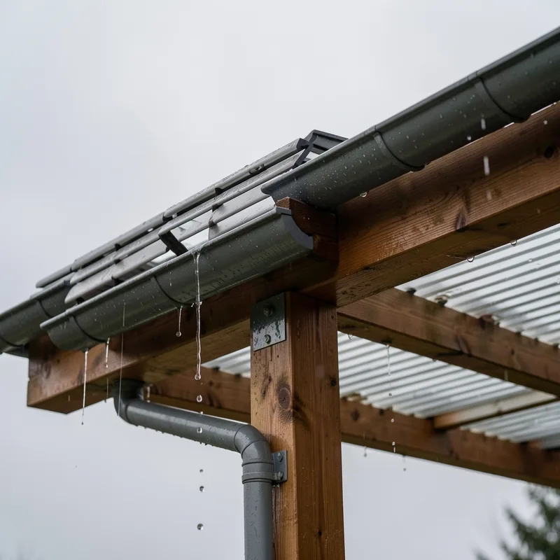 Toiture a lames orientables fermees d&rsquo;une pergola vue de dessous, avec cheneau peripherique