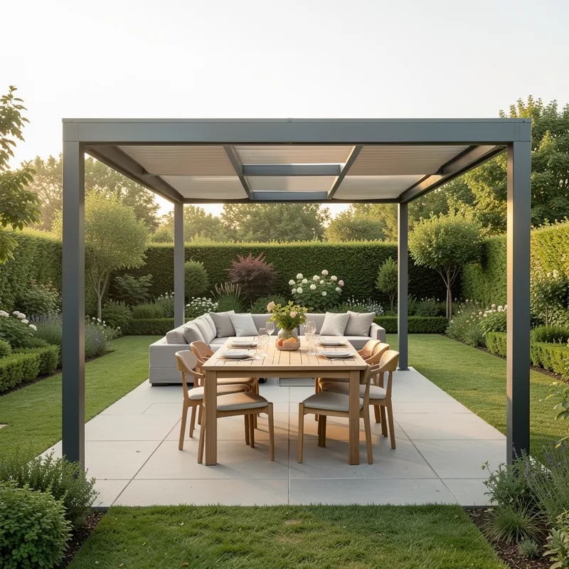 Terrasse abritee par une pergola bioclimatique avec table dressee pour six personnes