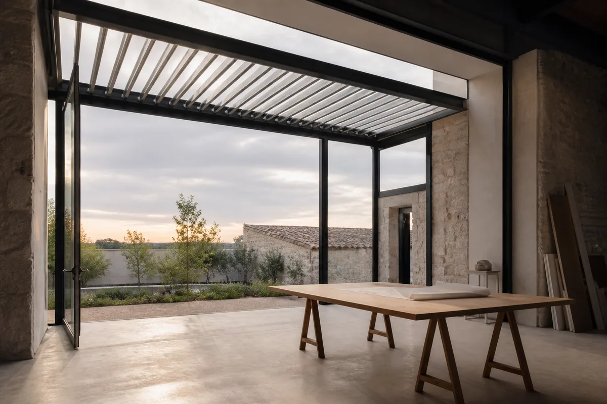 Pergola bioclimatique a lames orientables sur ossature acier adossee a une facade