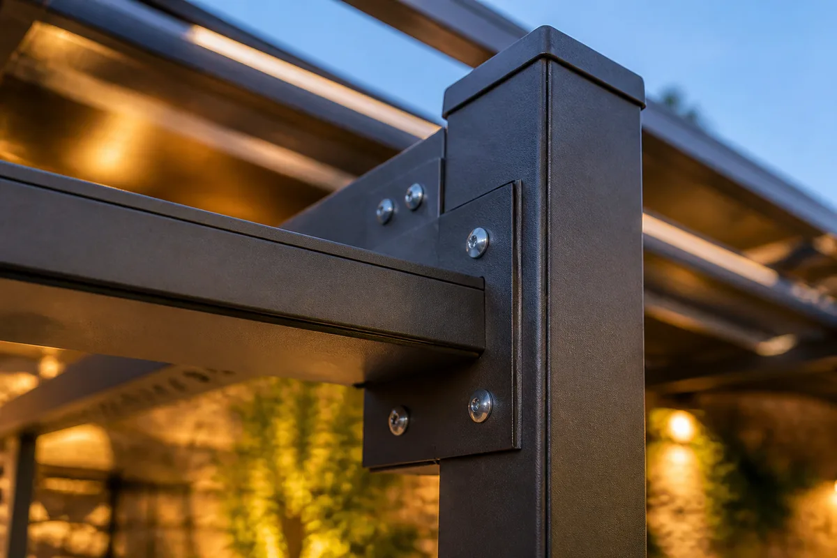 Detail d&rsquo;assemblage de poutre acier galvanisee et thermolaquee sur poteau de pergola