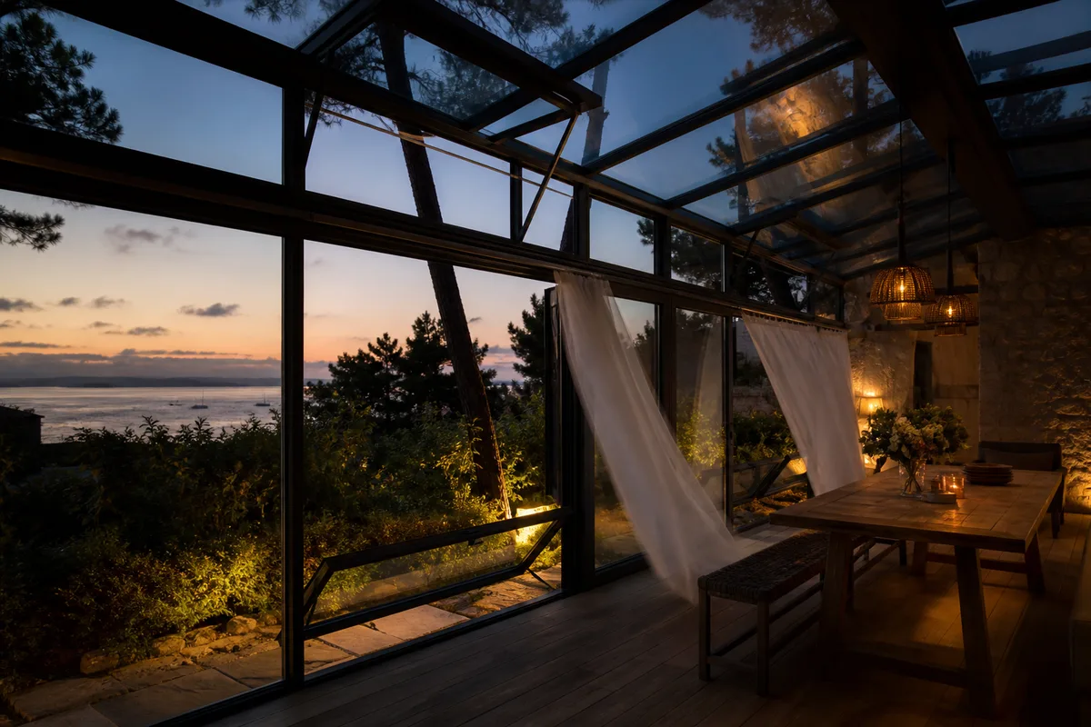 Ouvrants hauts et bas assurant la ventilation traversante d&rsquo;une veranda vitree