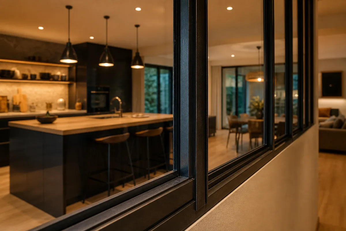 Detail de parclose et de jonction verre profil sur une verriere de cuisine